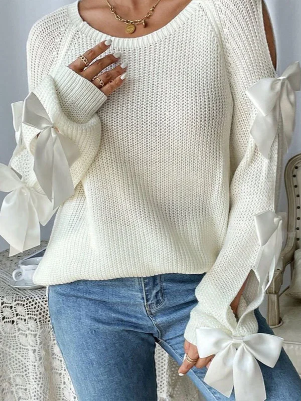 Athvotar Athvotar Autumn New French Round-Neck Bow Decorated Long-Sleeved Loose Knitted Jacket Sweater Woman