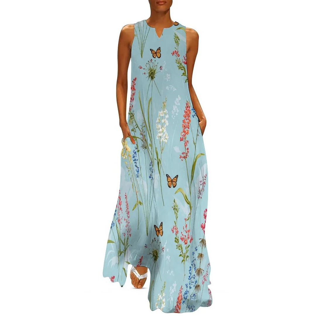 Style & Comfort for Mature Women Plus Size Printed Sleeveless Casual Women Maxi Dress with Pockets in Pattern Floral, Blue, Red