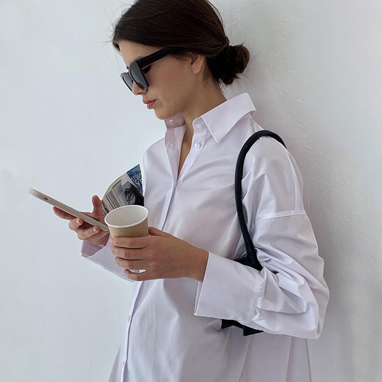 Ootddress White Loose Fashion Shirts For Women See-Through Patchwork Cardigan Coat Lapel Slim Long Sleeve Oversized Blouse Shirt