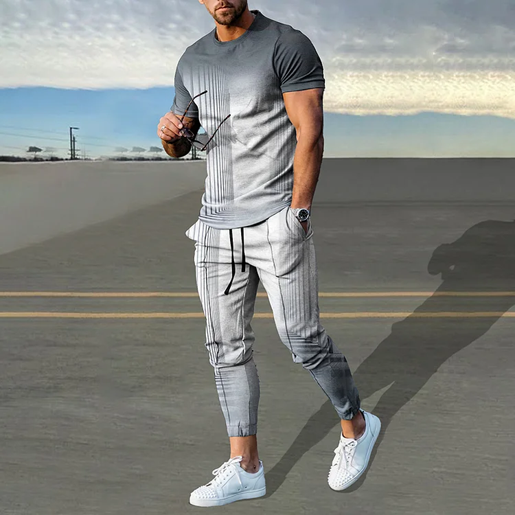 BrosWear Gradient Gray Stripes Printed T-Shirt And Pants Co-Ord