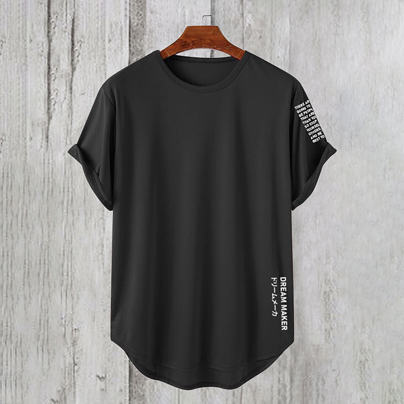 menweary Letter Japanese Print High Low Curved Hem Short Sleeve T-Shirts