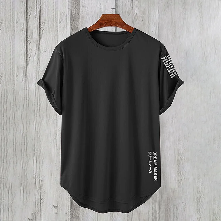 Letter Japanese Print High Low Curved Hem Short Sleeve T-Shirts