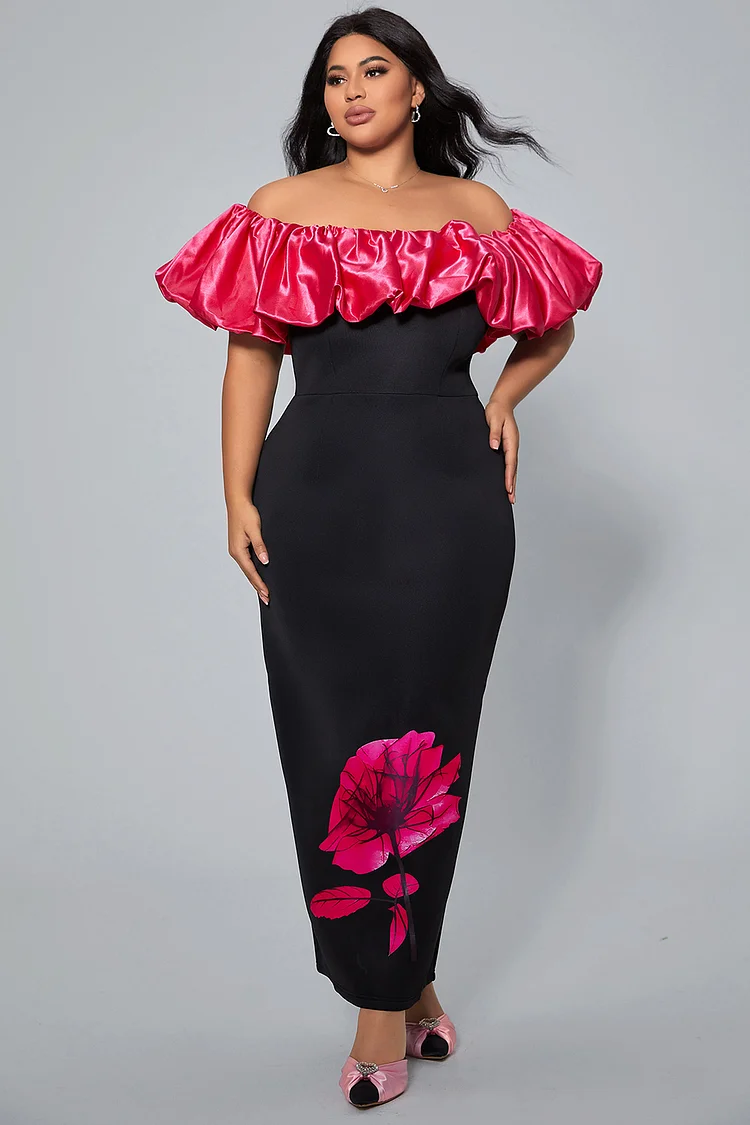 Plus Size Formal Dress Black V Neck Tulle Maxi Dress