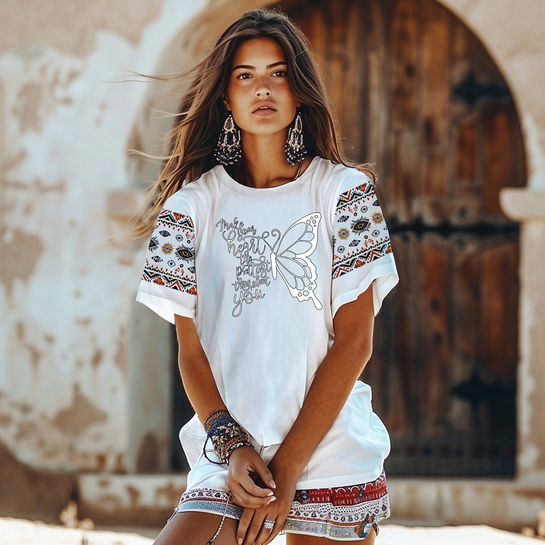 Style & Comfort for Mature Women Boho Loose Short Sleeve Plus Size Printed Soft T-shirt in Color White