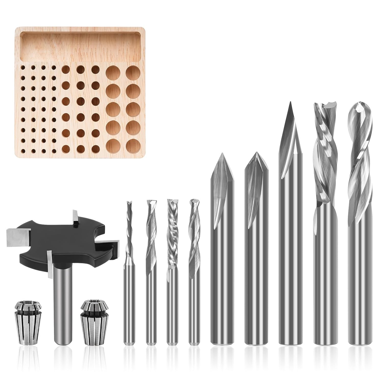 10-Piece CNC Router Bits Set for Woodworking Detail Carving Resin Lettering Sign Making Trimming V Groove Engraving, with Storage Rack