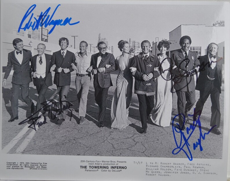 THE TOWERING INFERNO Cast Signed Photo Poster painting x4 Fred Astaire, Robert Wagner, Robert Vaughn, O.J. Simpson wcoa