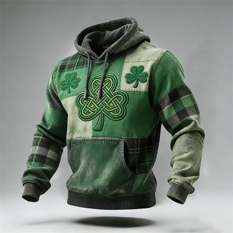Men's St. Patrick Shamrock Plaid Colorblock Hoodie
