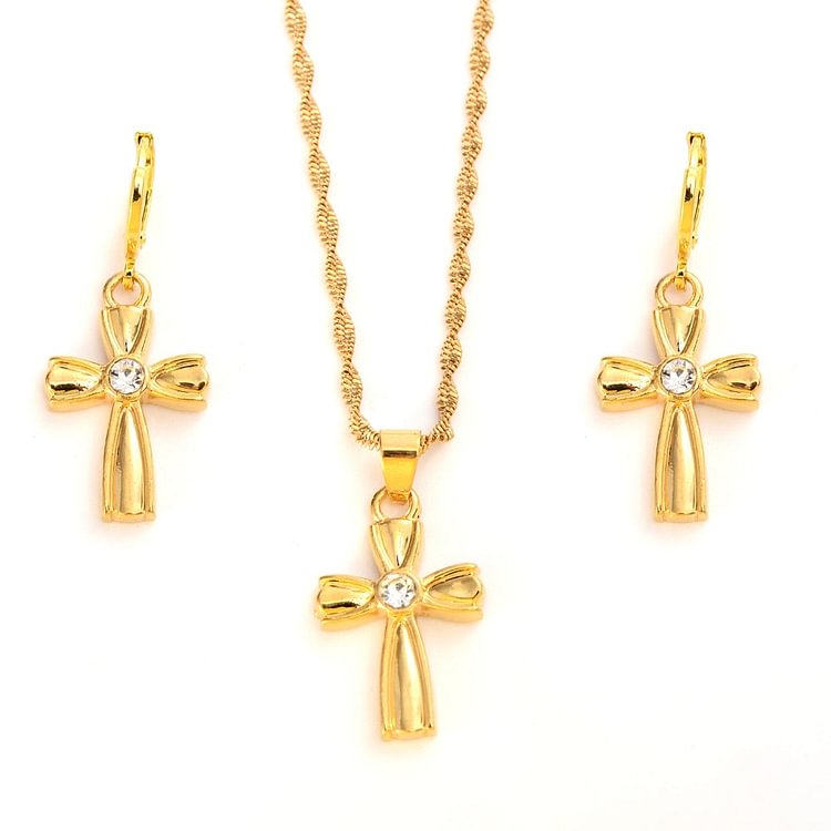 24k gold plated  cz cross Pendant Necklace chain Earrings sets