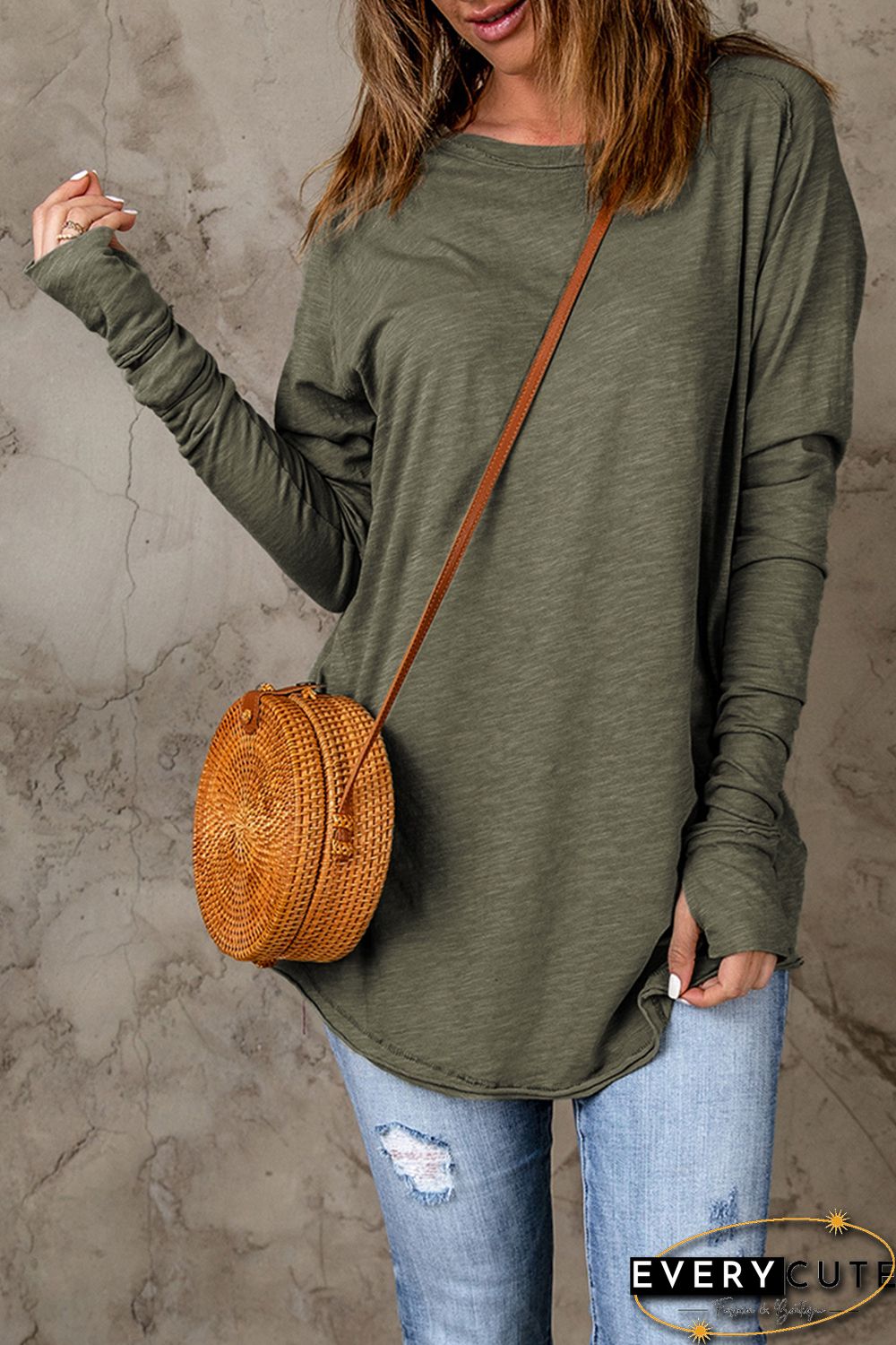 Green Solid Crew Neck Long Sleeve Long Sweatshirt