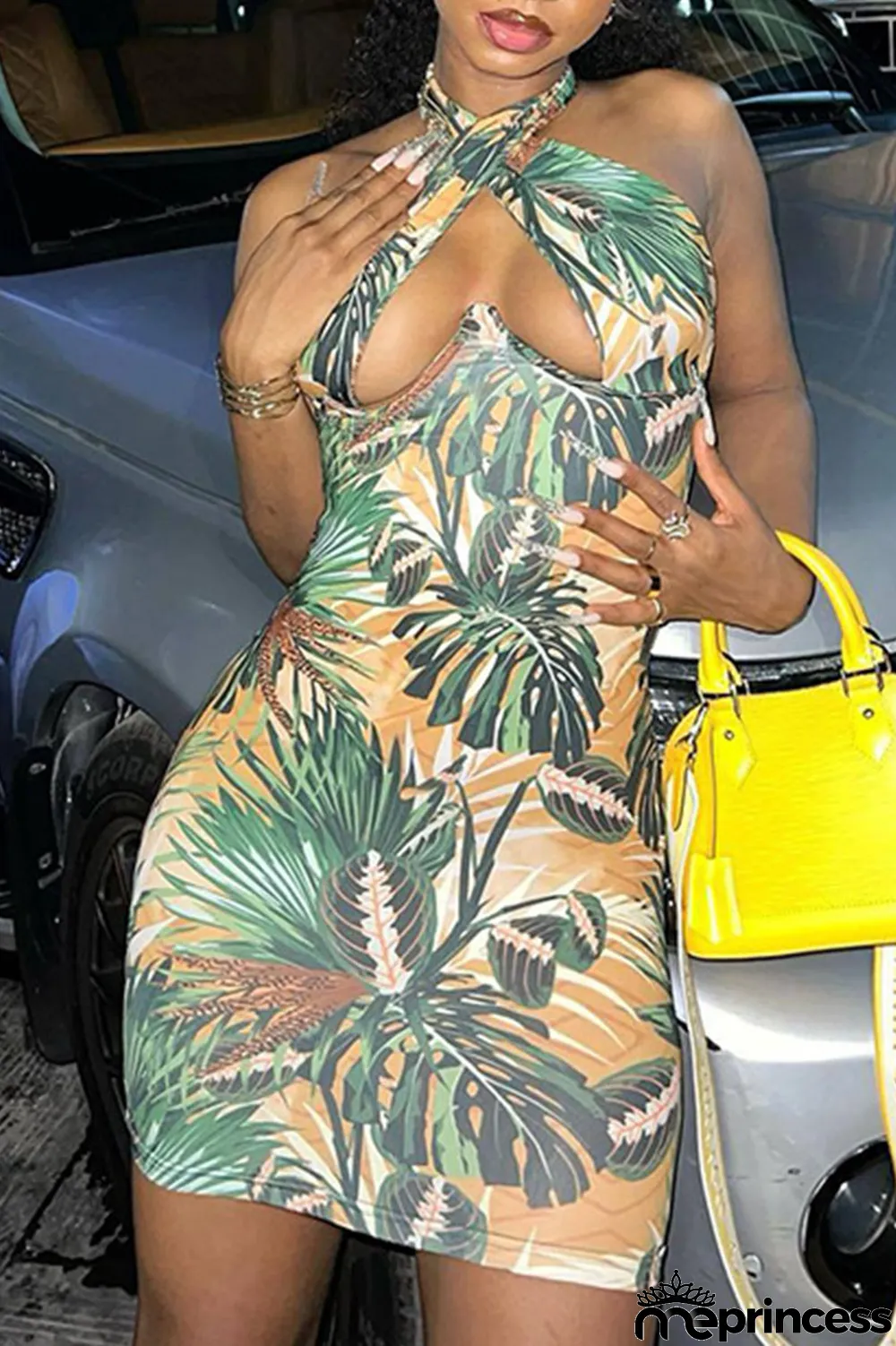 Green Sexy Print Hollowed Out Split Joint Backless Halter Pencil Skirt Dresses