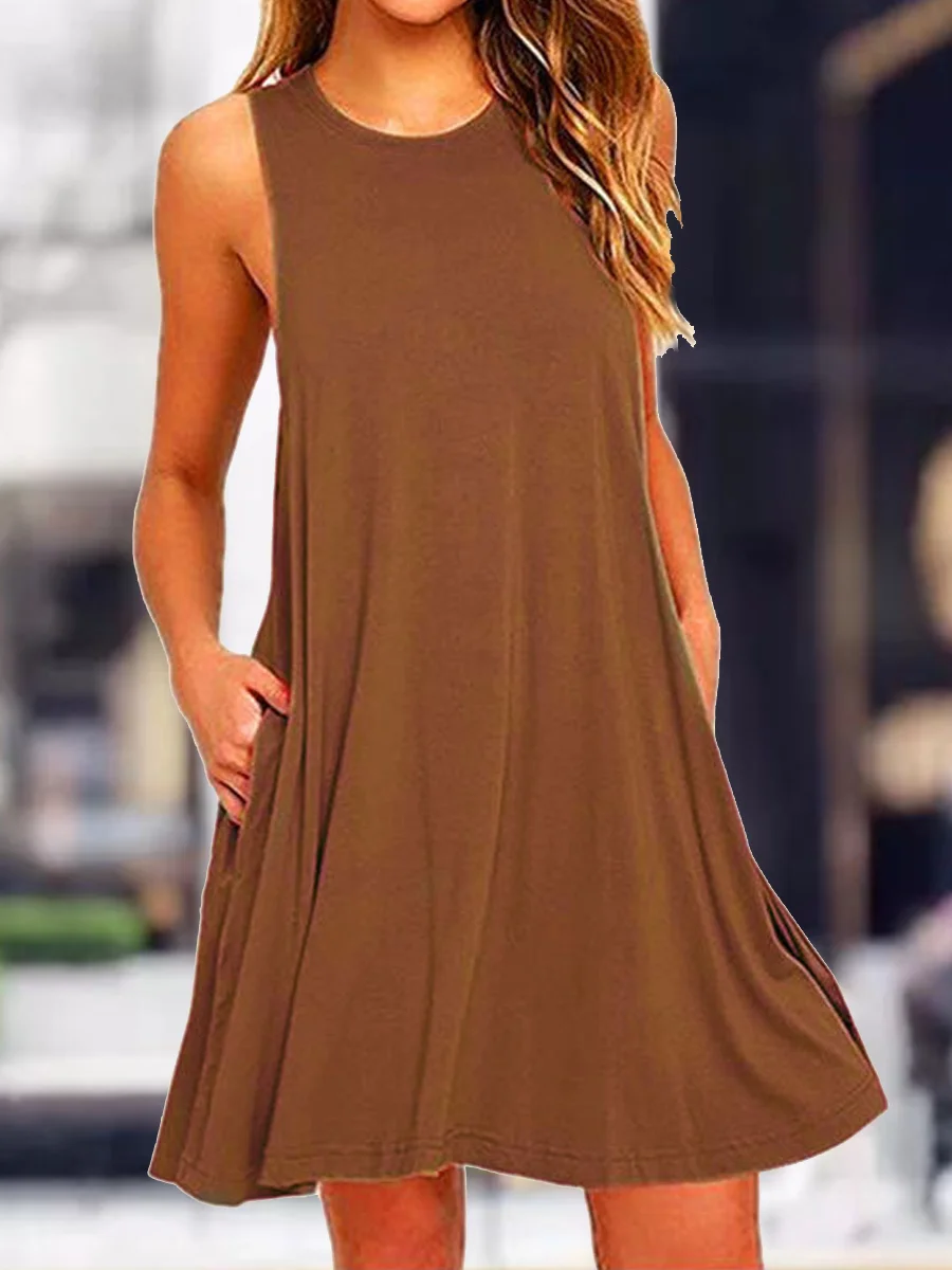 Casual Solid Color Round Neck Dress-inspireuse