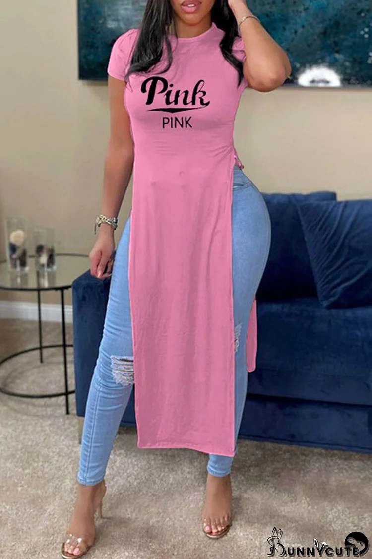 Pink Casual Print Patchwork Slit O Neck T-Shirts