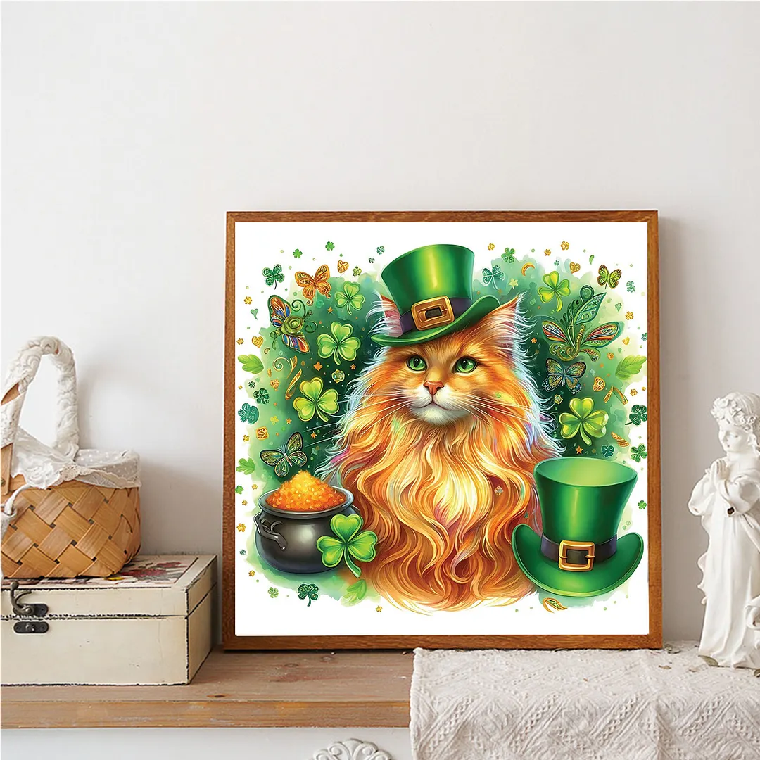 St Patricks Day Cat Full DIY 5D Round Drill Diamond Art Kits for Home Wall Decor 40x40cm
