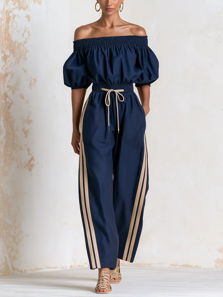 Women's Off Shoulder Puff Sleeve Jumpsuit &ndash; Drawstring Waist Wide Leg One-Piece Outfit