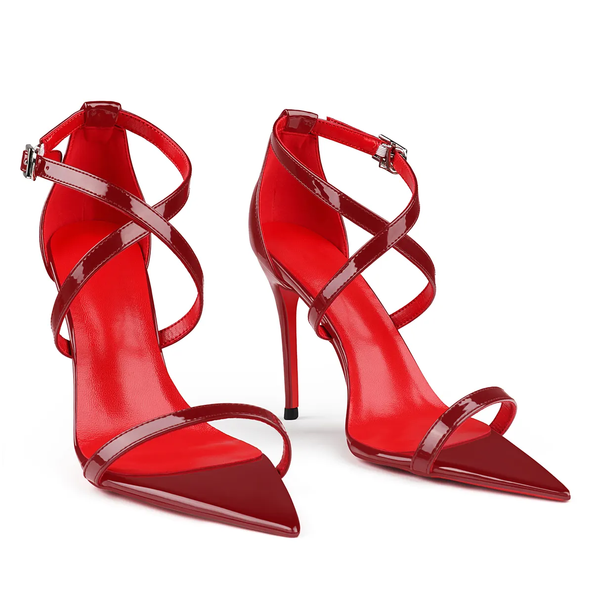 100mm Red Lined Thin Cross Strap Pointed Toe High Heels Red Bottom Party Shoes Sandals-vocosishoes