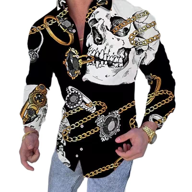 Men 2021 Spring New Skull Print Shirt Men Fashion Trend Personality Casual Rhinestones Slim Long Sleeve Dress Shirt Men