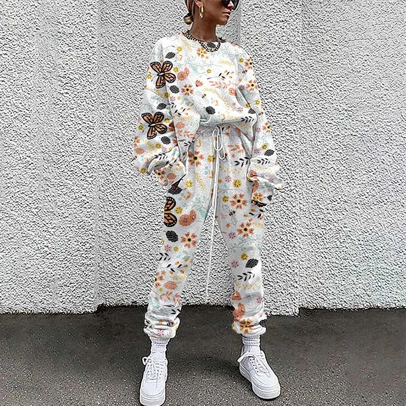 Autumn Sets For Women Fashion Butterfly Print Pullover Top + Long Pants Sports Suit Casual Female Streetwear Sweatshirt Outfit