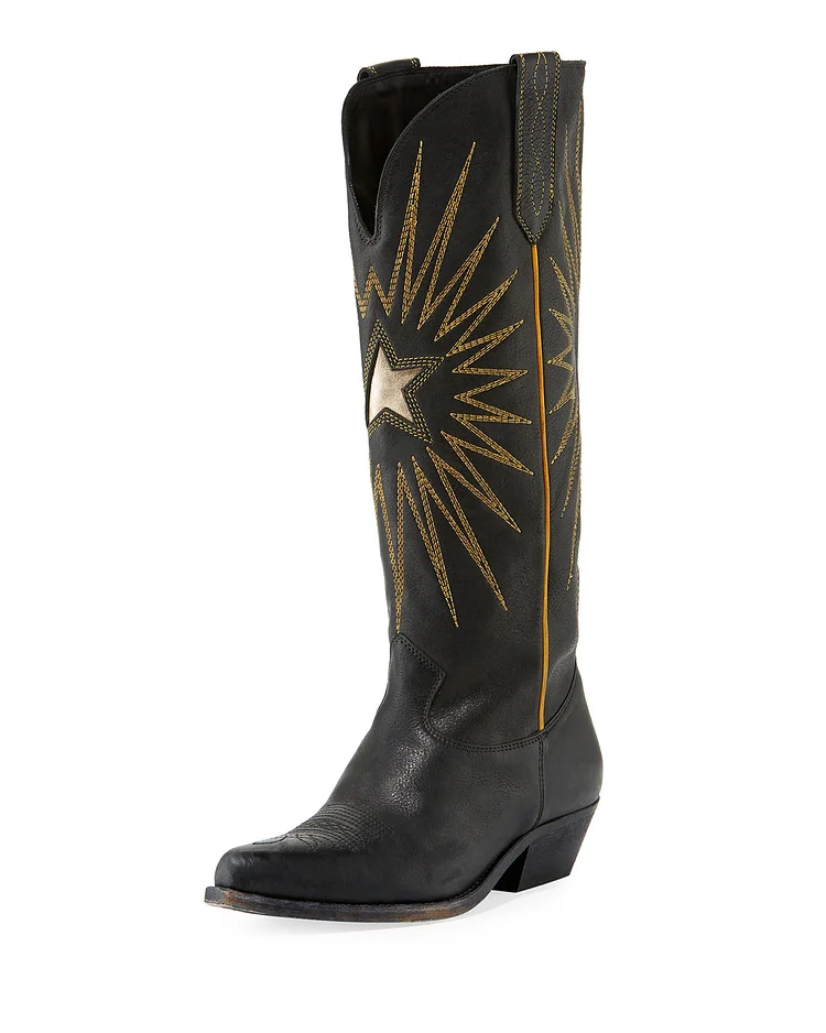 Black Embroidered Cowgirl Knee High Pointy Toe Chunky Heel Boots Vdcoo