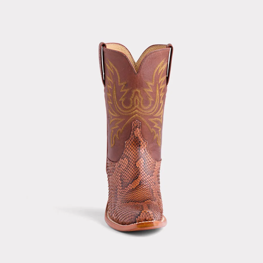 Brown Python-Embossed Stacked Heel Embroidered Cowboy Boots for Women