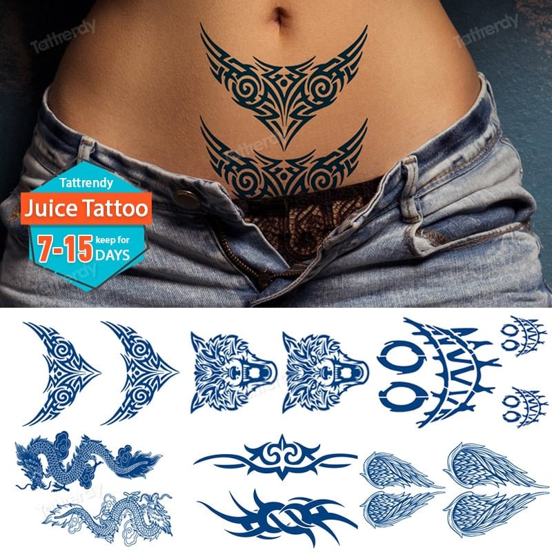 Juice Tatoo Sexy Waterproof Temporary Tattoo Wing Totem on Hand Arm Breast Waist Blue Tattoo Sticker Fake Tattoos for Men Women