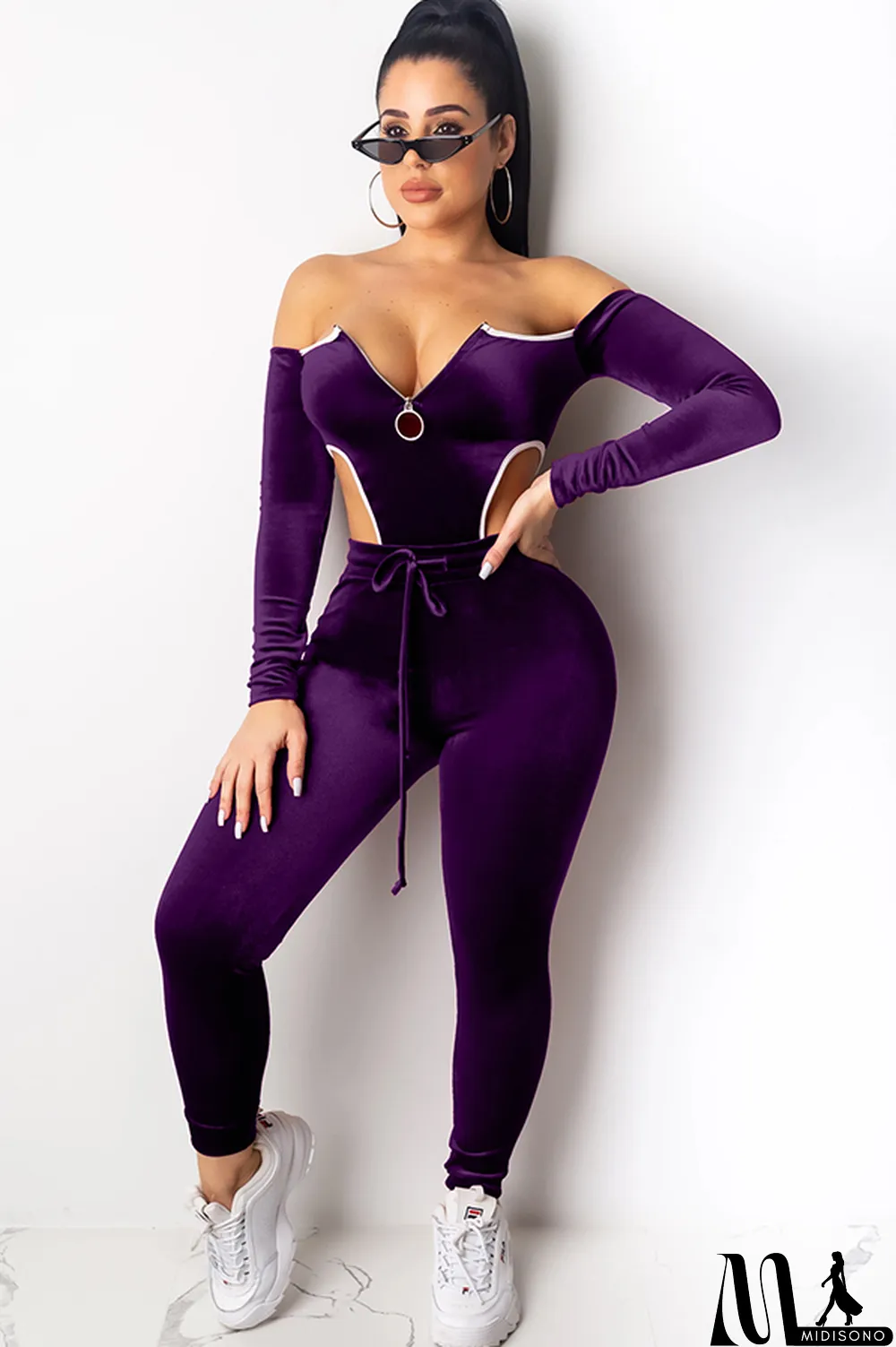 MidiSono - purple Polyester Sexy Solid Two Piece Suits pencil Long Sleeve Two-piece Pants Set