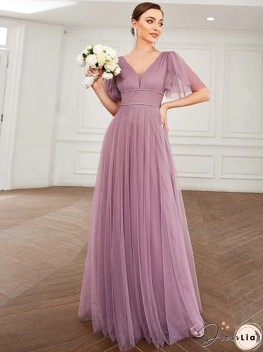 Elegant Golden Stamped Ruffle Sleeve Evening Gown