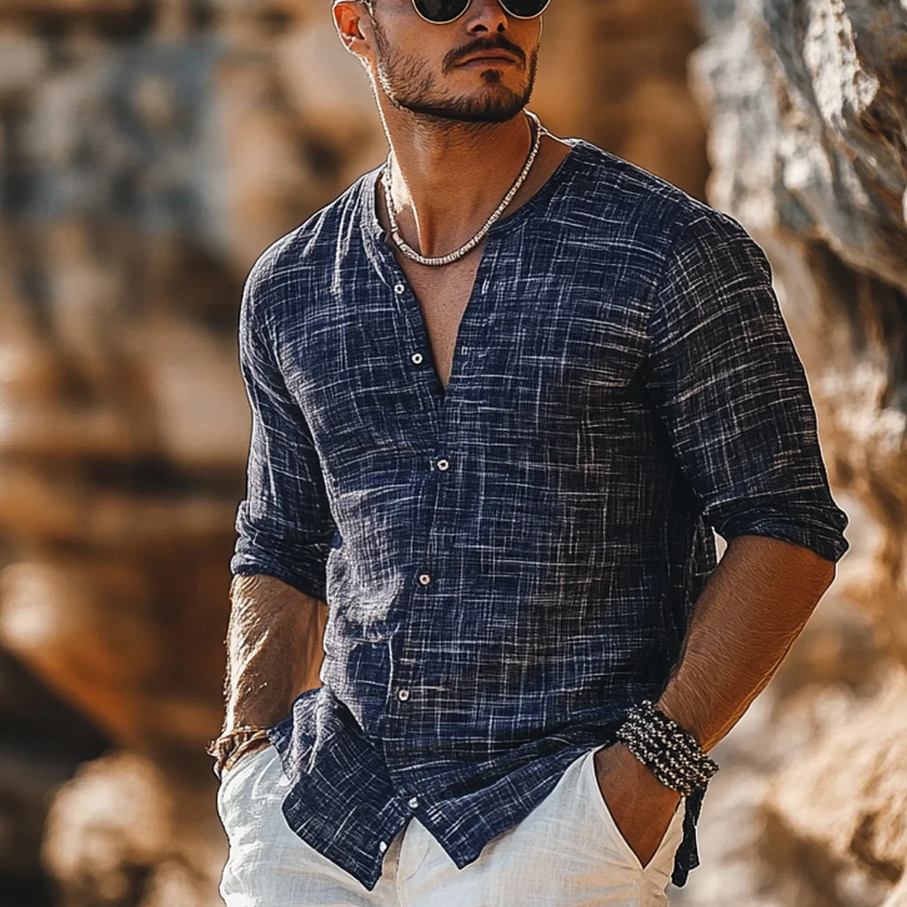 Holiday Bohemian Beach Men's Linen Casual Long Sleeve Shirt Top-inspireuse