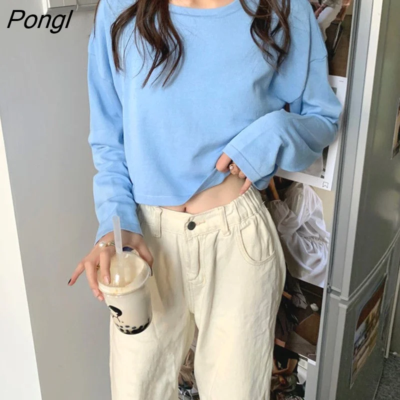 Pongl Colors Loose Long Sleeve T-shirts Women Spring Daily Student All-match Casual Streetwear Short Style Tops Basic Undershirt