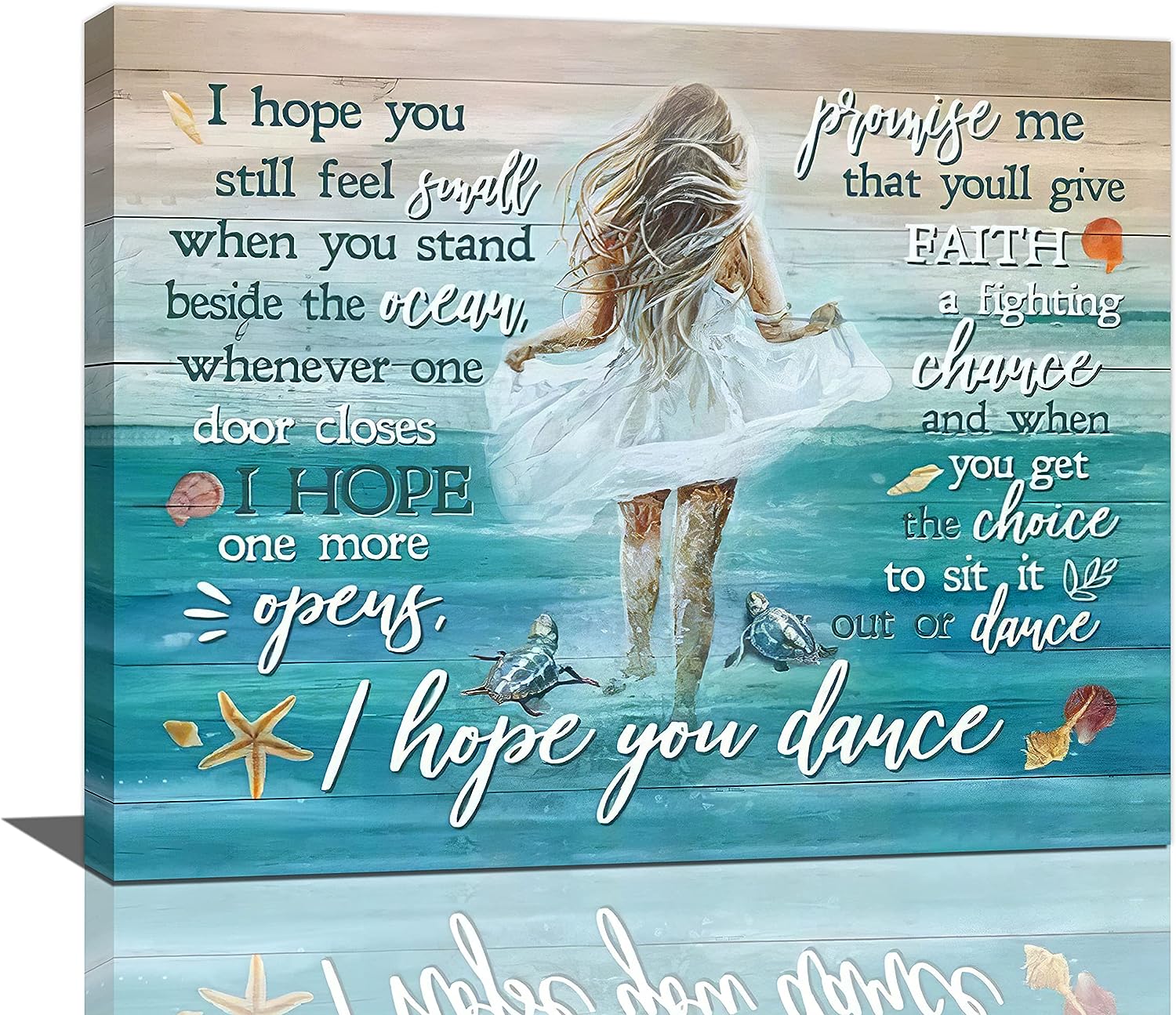 Beach Canvas Wall Art Ocean Coastal Sea Turtle Seashell Starfish Girls Room Wall Decor I Hope You Dance Pictures Painting Prints Coastal Theme Framed Artwork Decor for Bathroom Bedroom Living Room 16 inch x20 inch  16&#034;x20&#034;