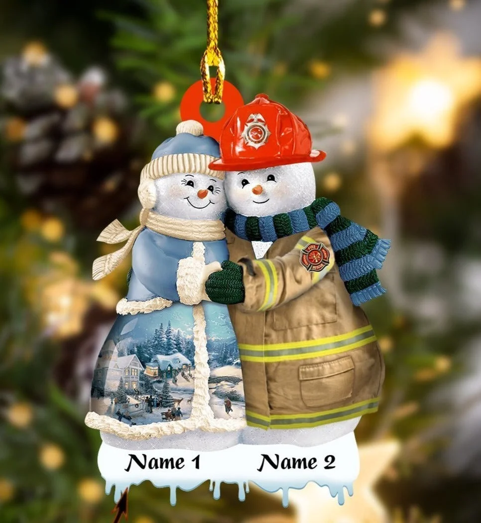 Firefighter - Snowman Couple - Custom Shaped Ornament