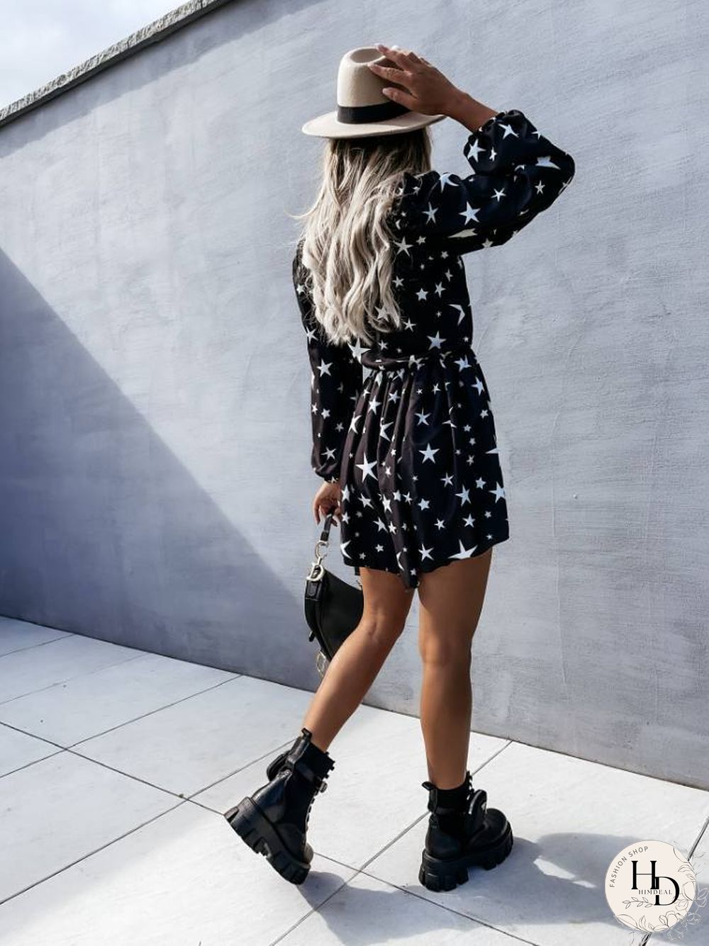 Star Printed Long Sleeve Mini Dress