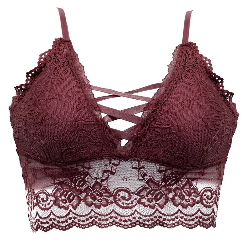 FINETOO Sexy Bralette Padded Bras For Women Transparent Wireless Bra Lace Intimates Lace Bralette Backless Brassiere Crop Tops