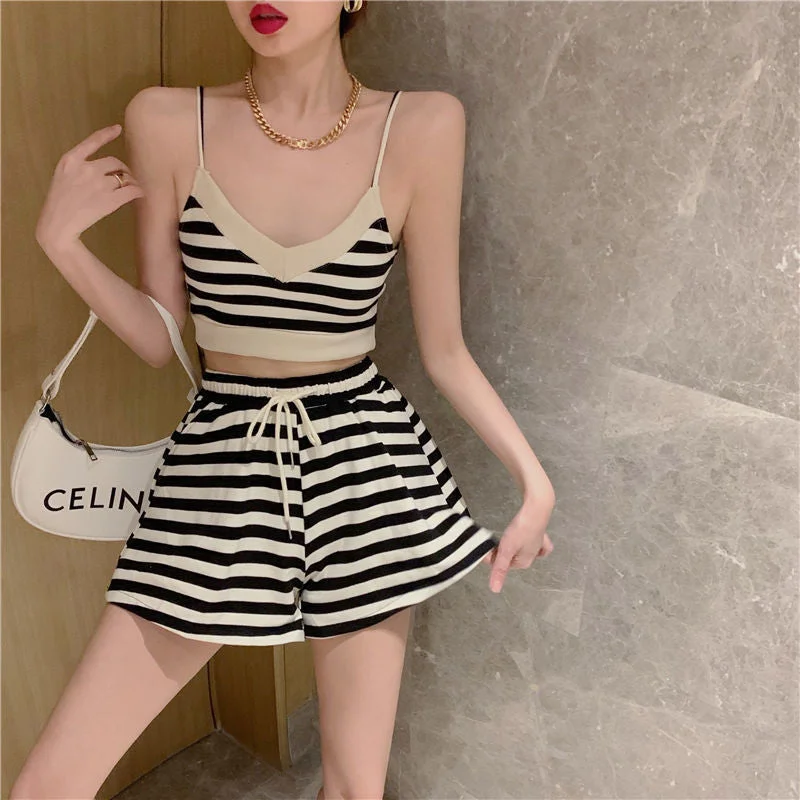 Striped Short Sets Women Summer Vest French Tight-fitting Short Sexy Hot Girl Strapless Base Suspenders Sleeveless Crop Top