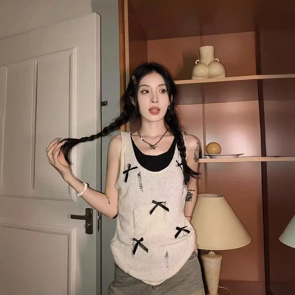 Uveng Uveng Girl Bows With Two Slings Vest Summer Dress Design Hole-Dcupy Knitting Top