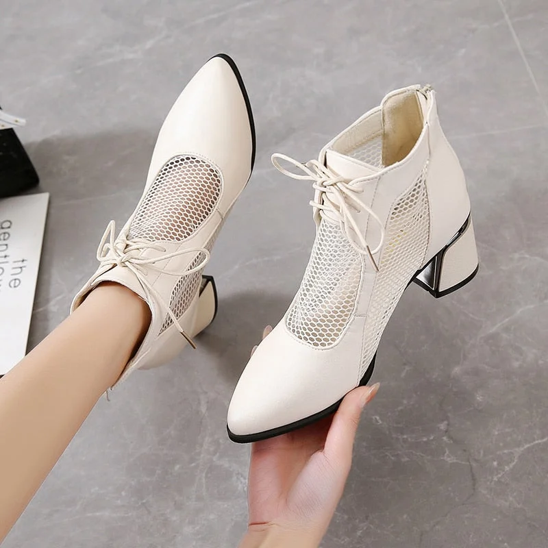 2022 Summer Sexy Black Ankle Boots For Women Mesh Breathable High Heels Botas De Mujer Pointed Toe Thick Heeled Sandals