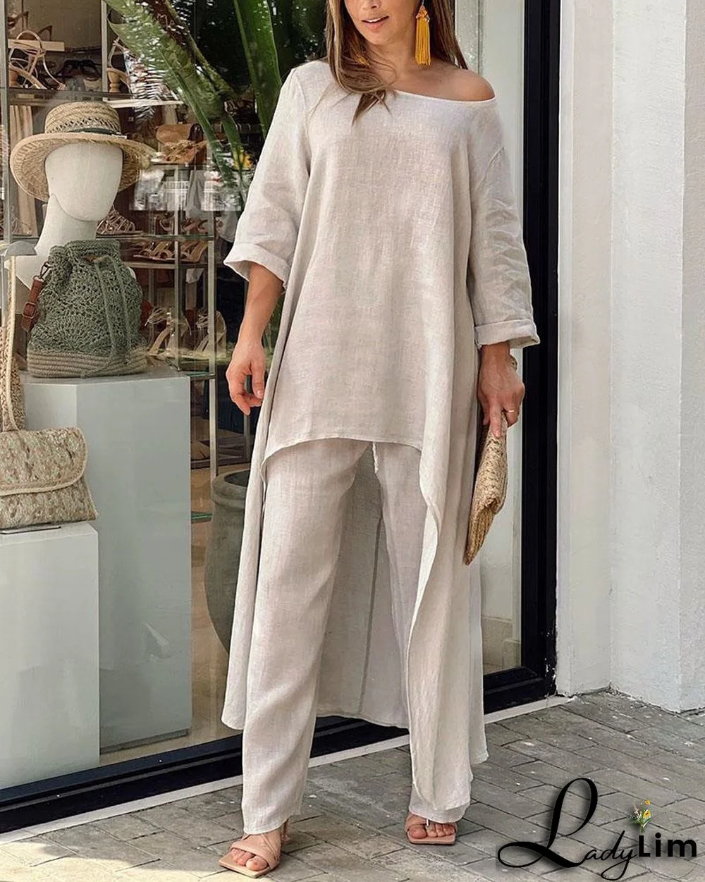 Women's linen fashion Casual Plus Size Irregular Long Sleeve Suit Wide Leg Pants Set