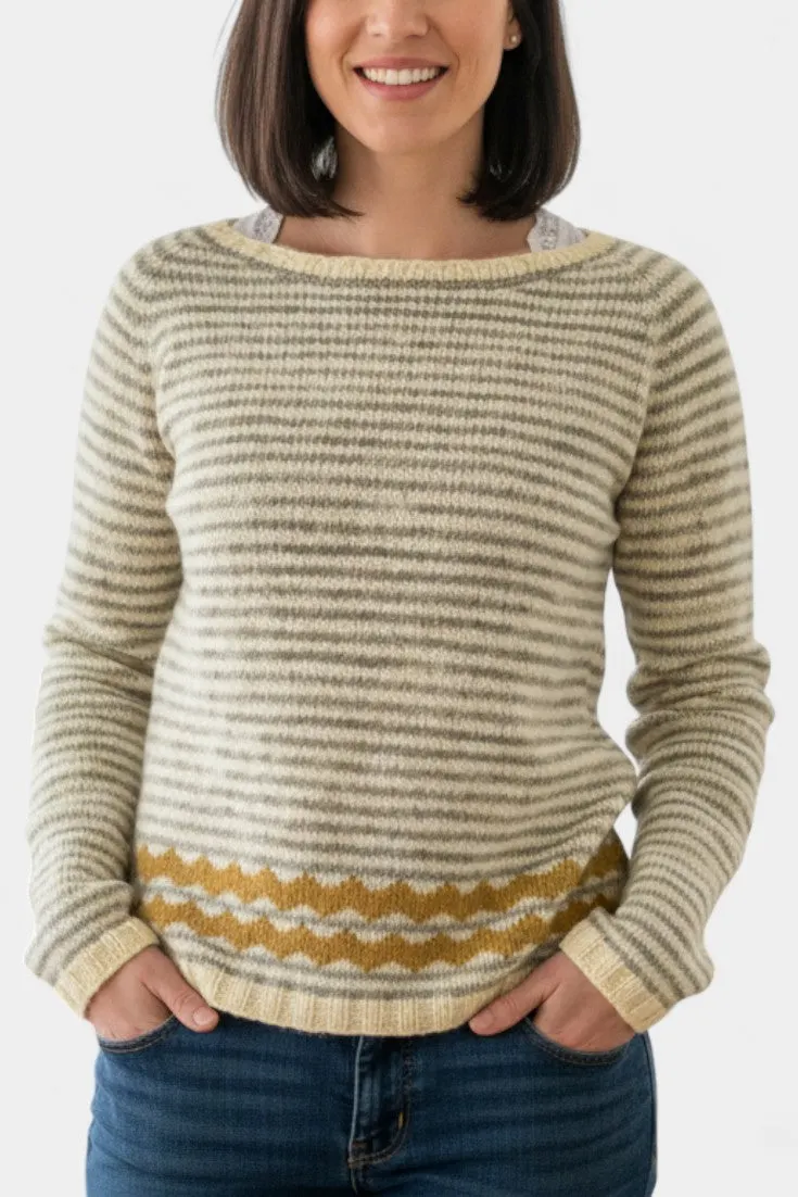 Boat Neck Striped Sweater with Zigzag Hem