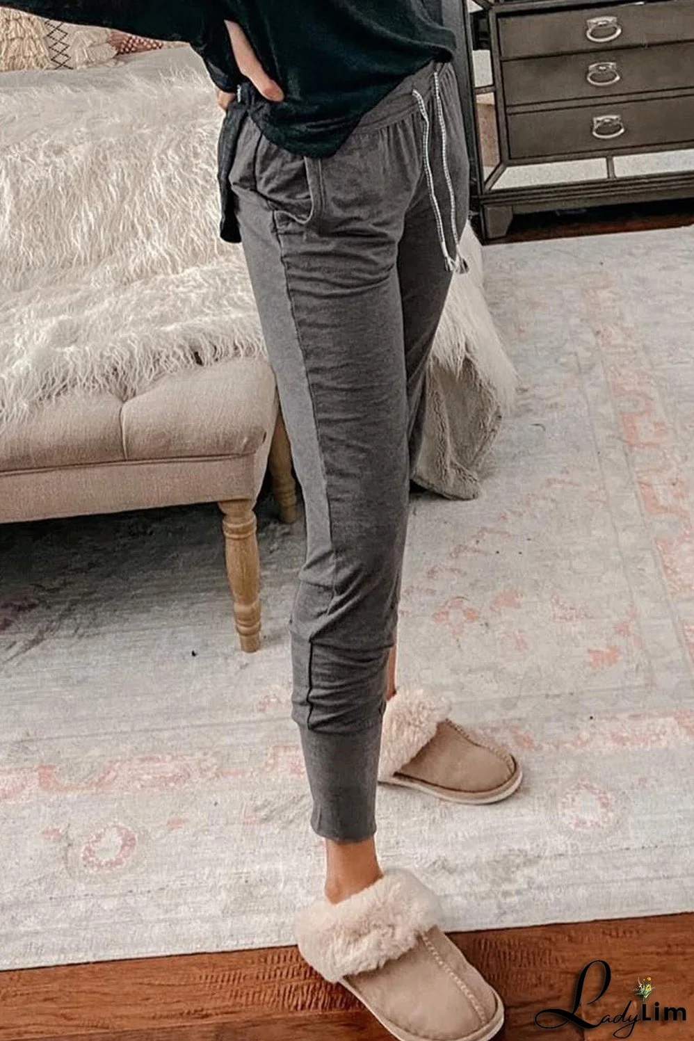Gray Buttoned Drawstring High Waist Jogger Pants