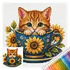 Stamped Cross Stitch Kit for Adults Cherry Blossom Flower Cup Cat 14CT 30x30cm tapestrymarket
