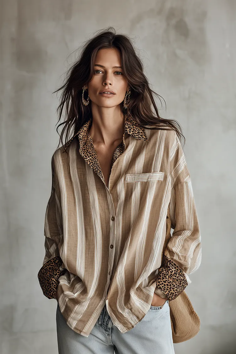 Modern Coastal Linen-Blend Striped Khaki Blouse