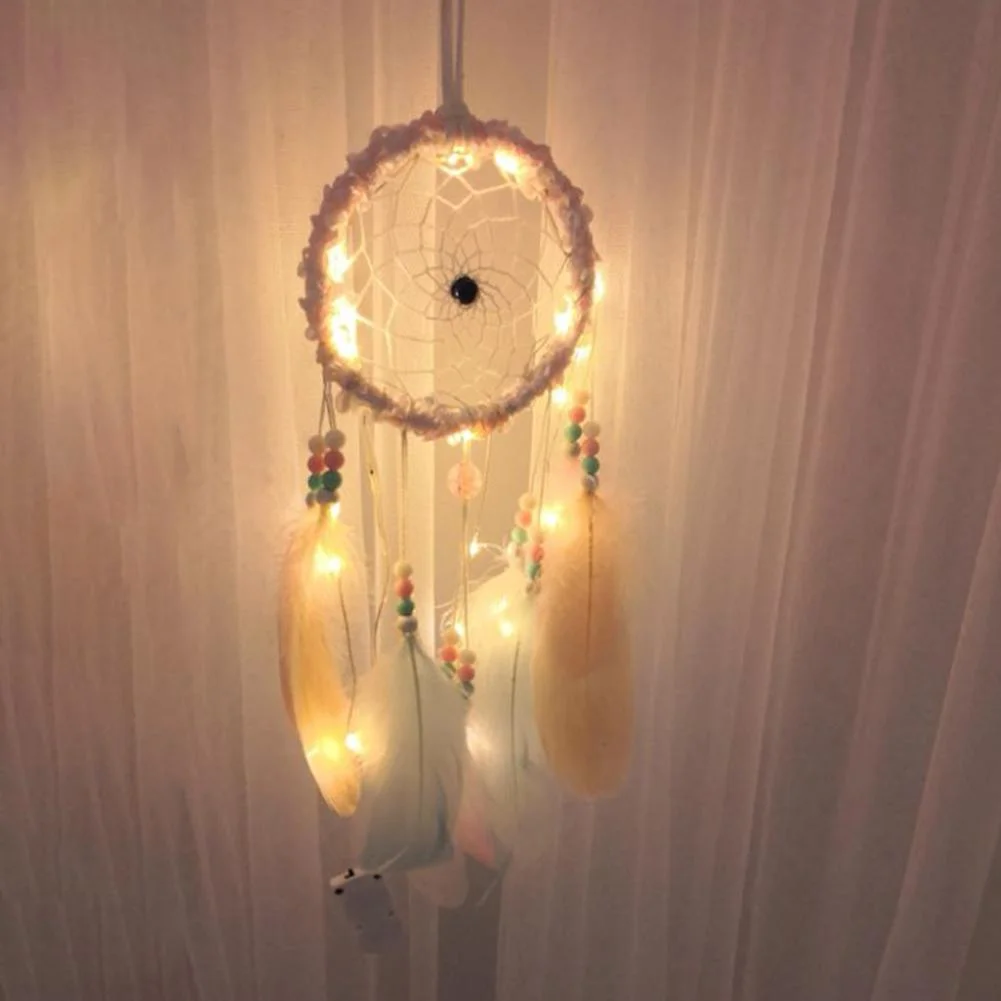 Romantic Feathers Beads Light Dream Catcher Bedroom Hanging Pendant Decor