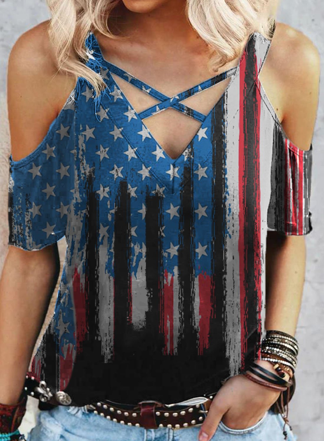 Women's T-shirts Striped American Flag Star Off-shoulder V Neck Short ...