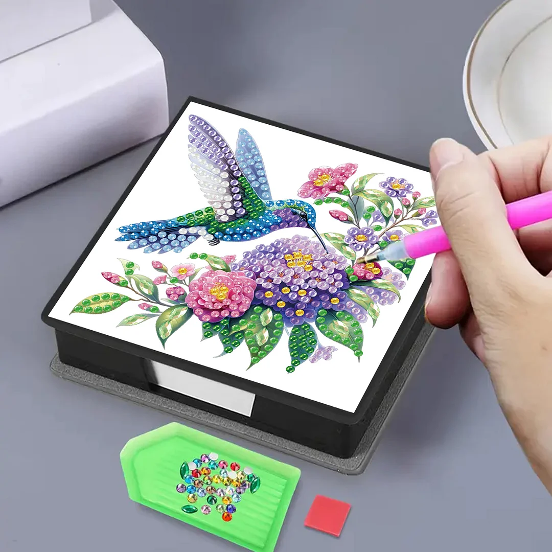 Flowers Birds PU DIY 5D Diamond Painting Note Box w/160 Sheet for Office Home(B)