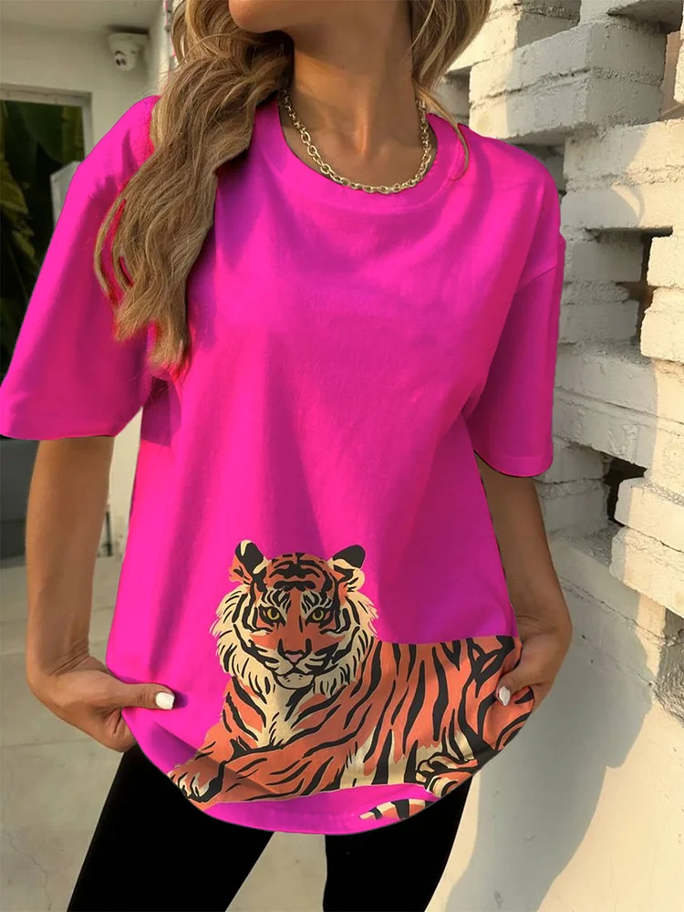 Women's Pink Tiger Stitching Print Casual T-shirt