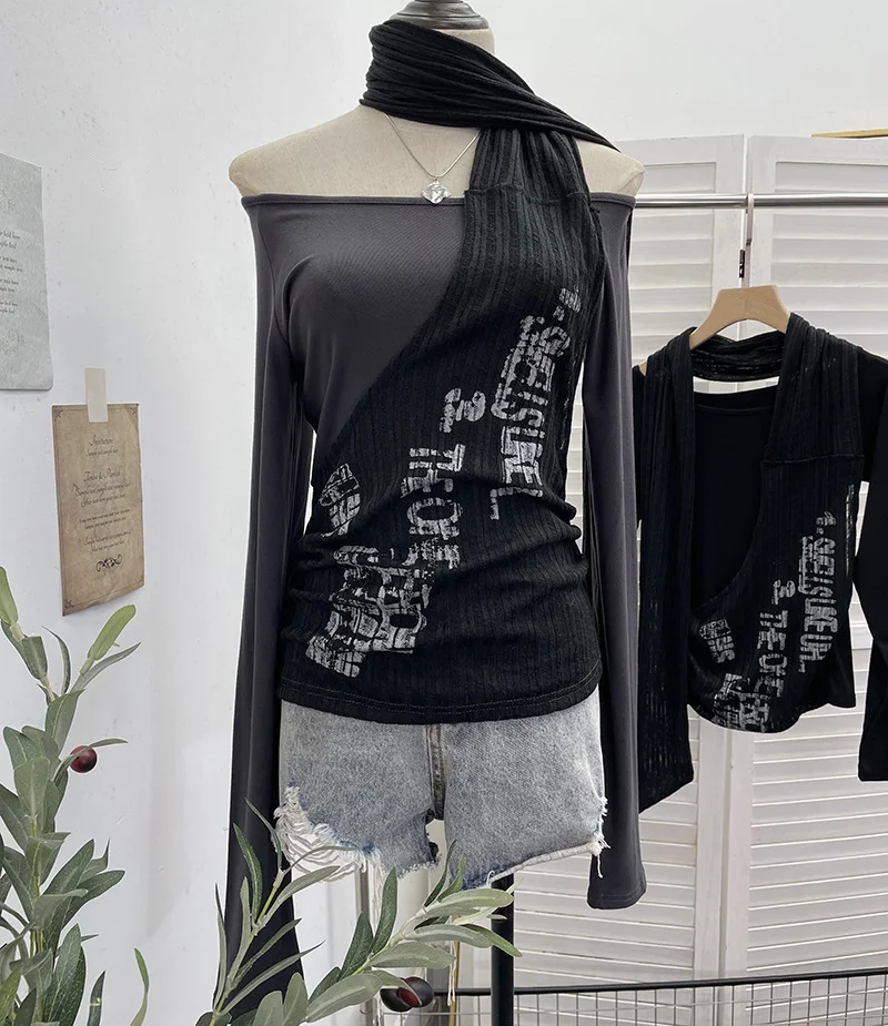 Nigikala Nigikala Hottie Side Hanging Neck Scarf Print Knitted Top Design Embody T-Shirt 2786