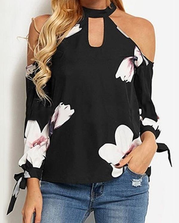 Women Off Shoulder Printing Top Long Sleeve Blouse Ladies Casual Tops Shirt
