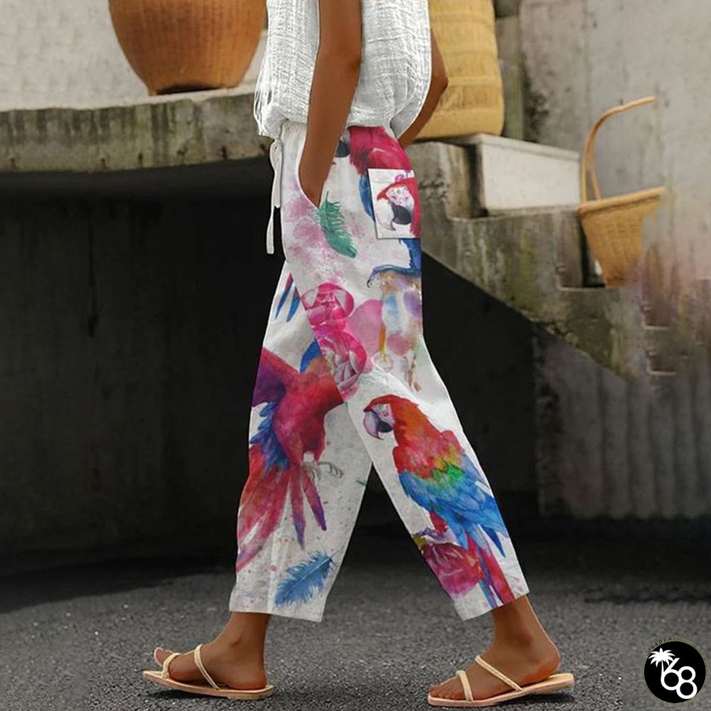 Chic Bird Print Side Pocket Pants | 168DEAL