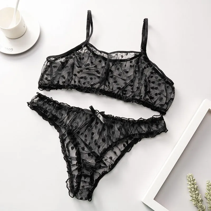 New Sexy Lingerie Underwear Polka Dot Mesh Frill Trim Lace Lingerie Set Black and Red Top Lace Invisible Bra Set Bras for Women