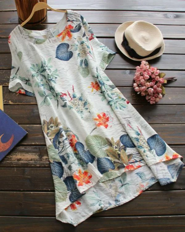 floral tshirt short sleeve above knee a line dress p126554