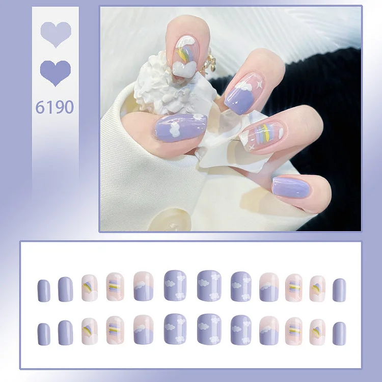Blue Sky Rainbow Clouds Wearable Nails Finished Manicure